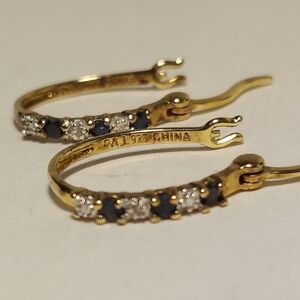 PAJ BB China Gold Tone Black & Clear Stones Signed Delicate Small Hoop Earrings